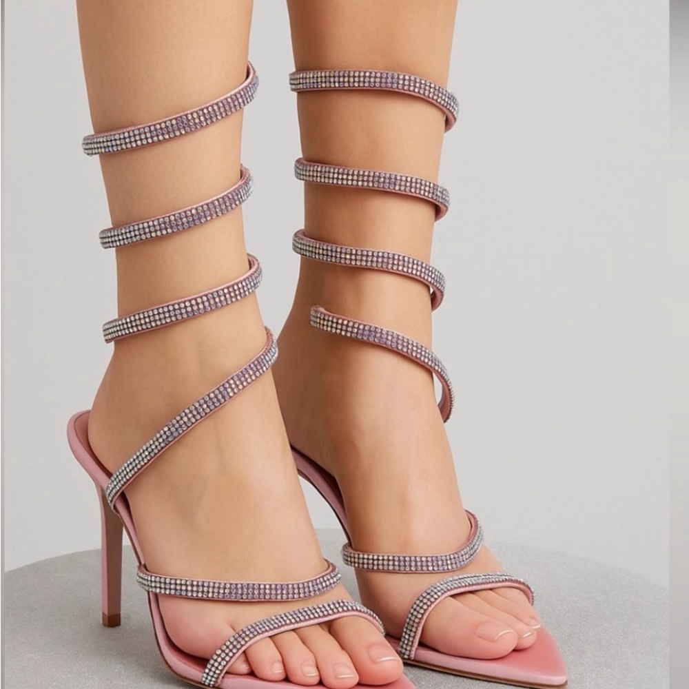 Pink Rhinestone Spiral Heels | women’s Size 8 Satin Pointed Toe Stilettos(B14)